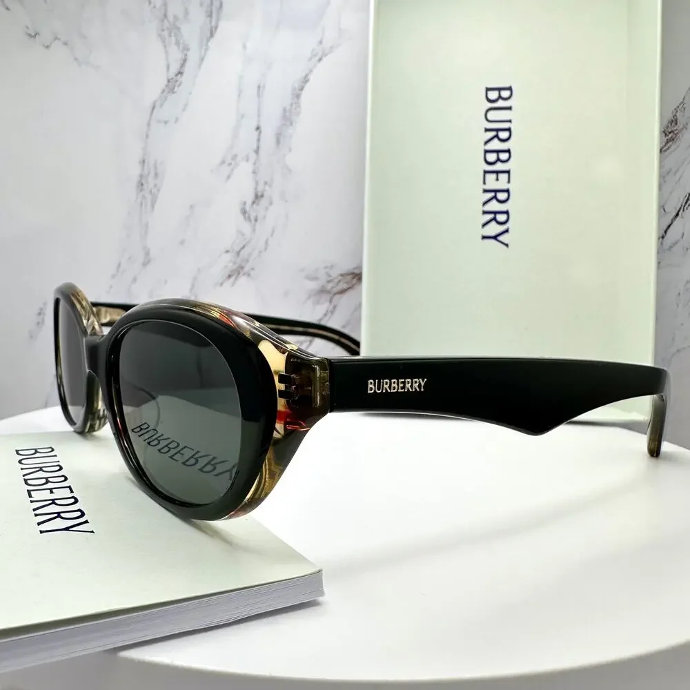 New Burberry Sunglasses Black Vintage Check Oval Gold Logo Womens New BURBERRY